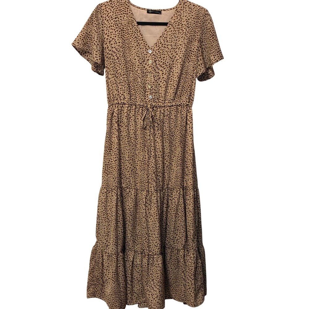 PrettyGarden Leopard Print Maxi Dress V-Neck Tiered Short Sleeve Tan Brown Small